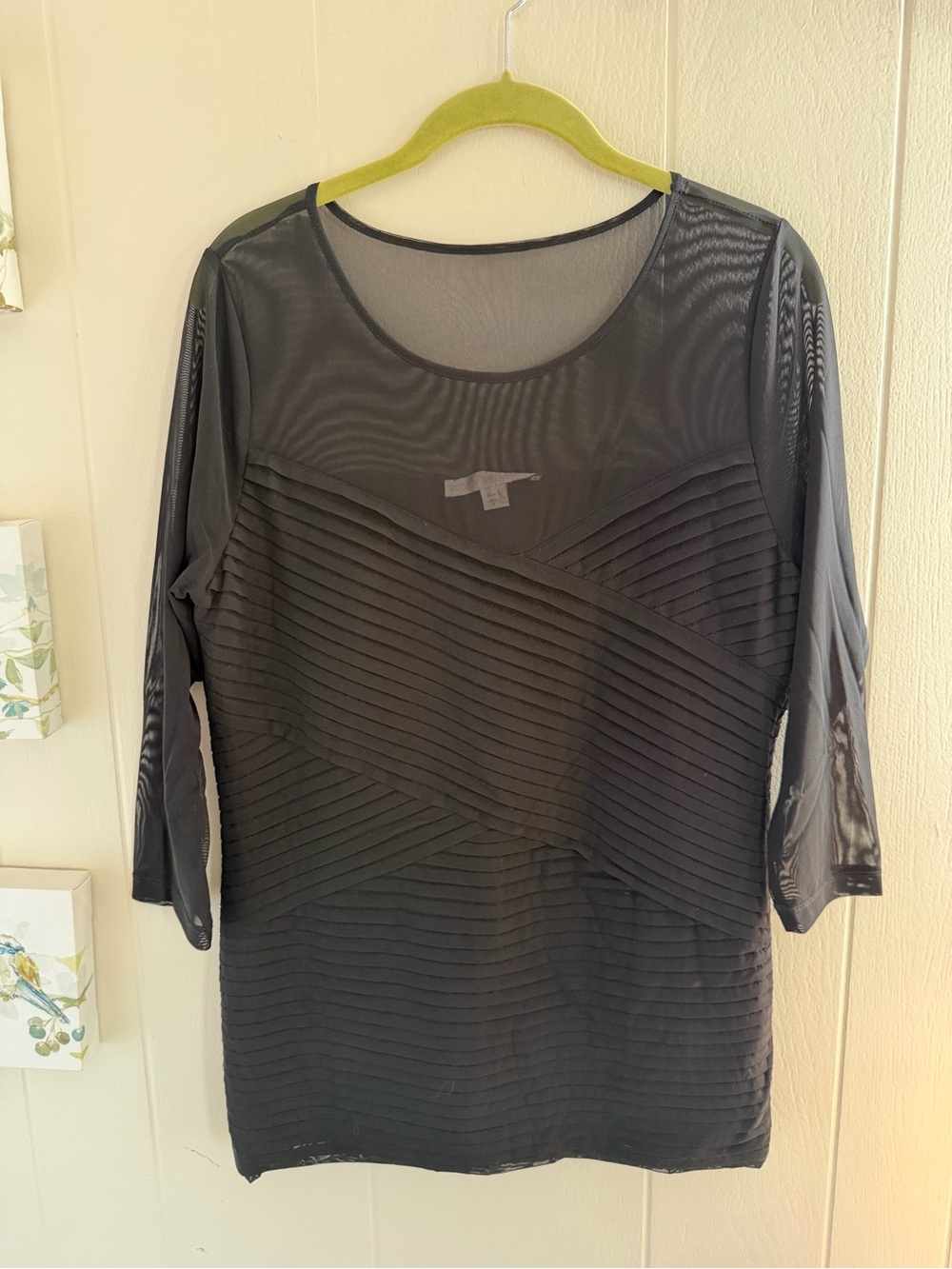 Boston Proper Black Mesh Pintuck Top Size L Sheer 3/4 Sleeve Evening Blouse